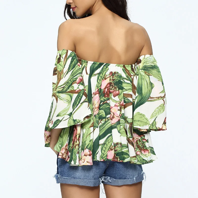 La-Tee-Da!elyq New Print Blouses Women Shirts Lady Fashion Off Shoulder Ruffles Chiffon Slash Neck Vestidos |