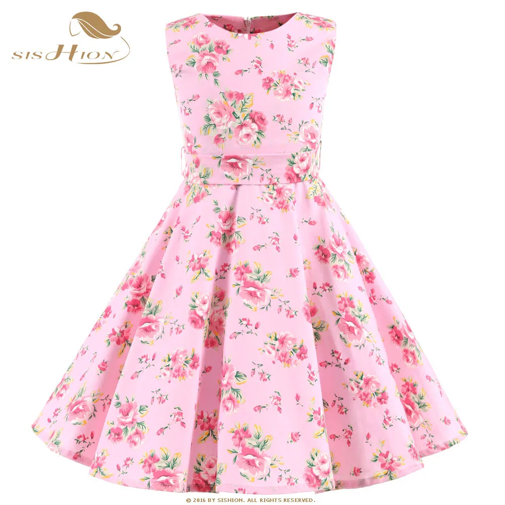 

SISHION Kids Baby Girl 50s Vintage Dress Sleeveless Polka Dot Dress VD1152 High Waist A-Line Floral Retro Dress for girl
