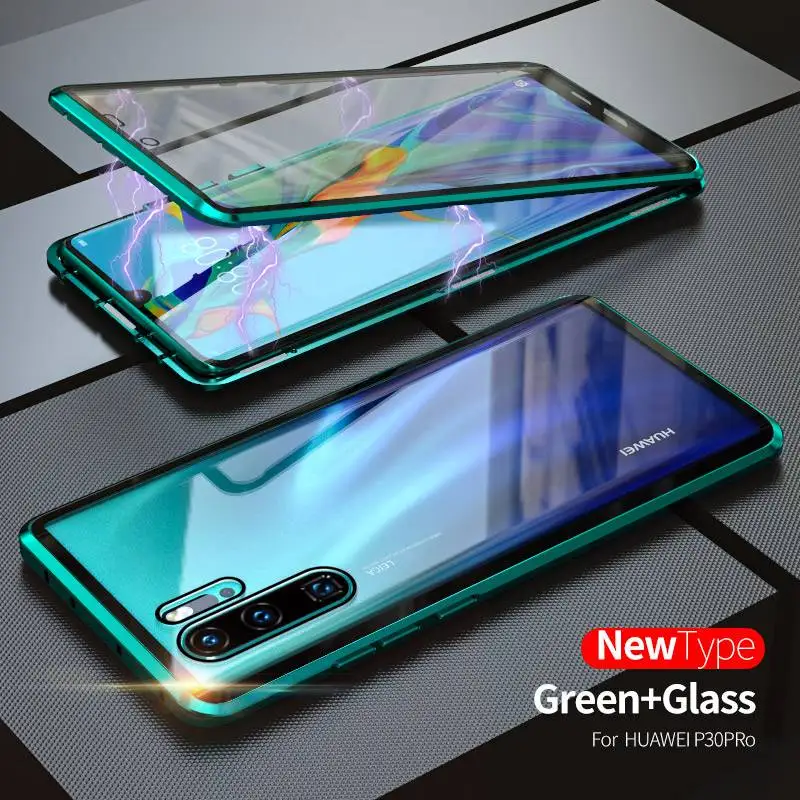 Green Передний+ задний прозрачный магнитный металлический чехол из стекла для huawei P30 P20 mate 20 Pro Honor 20 Pro 20i V20 Nova 4 3i 3 5 Pro 5i Full Cover - Цвет: Green