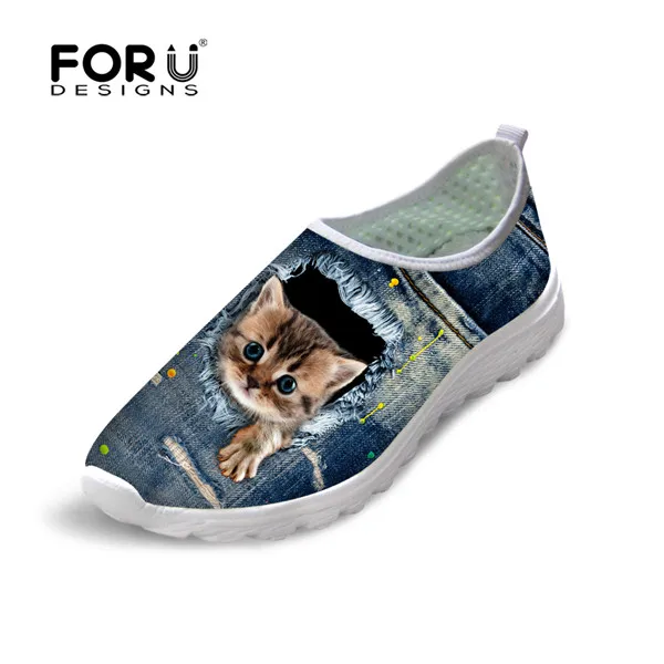 CA4912AA FORUDESIGNS/джинсовая стильная женская обувь на плоской подошве модные летние женские кроссовки с милым джинсовым принтом кота пляжное легкое женские лоферы - Цвет: CA4912AA