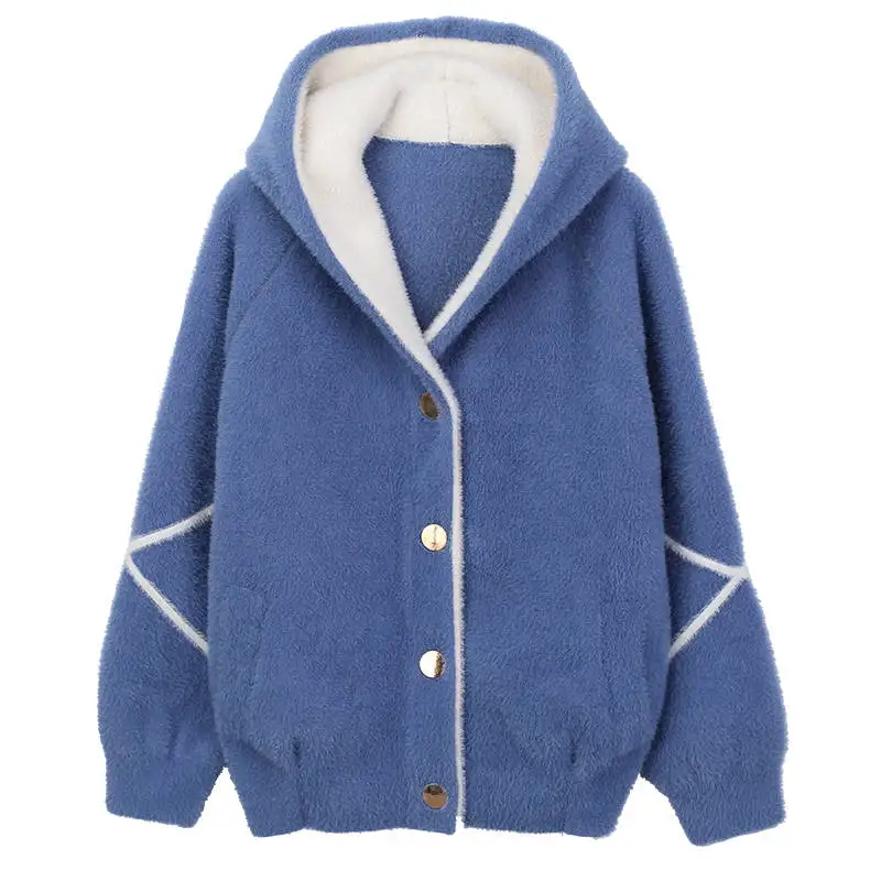 2019 Spring Autumn Fashion Women Long Sleeve Short Hooded Solid Knitting Coats Imitate Mink Villus Cardigan Sweater Clothes A09 |