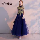 Женское винтажное вечернее платье It's YiiYa, голубое длинное платье на молнии с золотой кружевной вышивкой на лето 2019