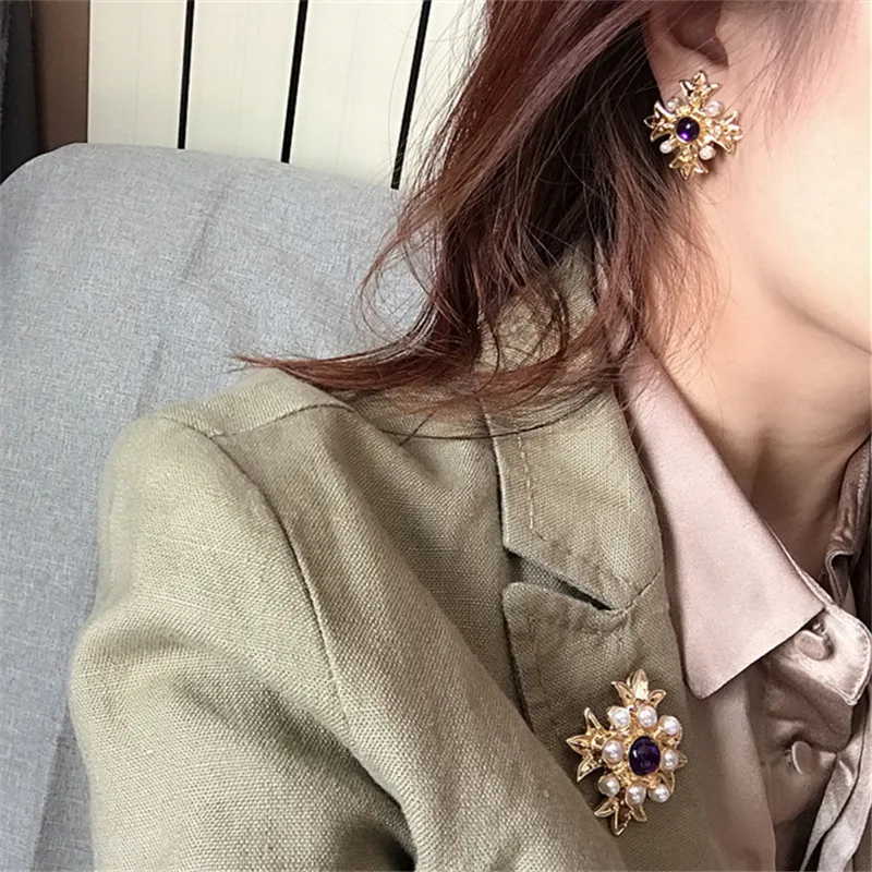 Ретро мода искусственный жемчуг полудрагоценный камень крест брошь серебро 925