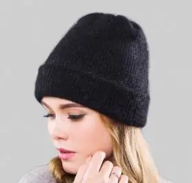 Black Вязаные шапки из кроличьей шерсти, меховые шапки для женщин, настоящие меховые шапочки, одноцветные женские зимние шапки, tbsr498 - Цвет: Black