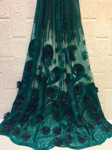 3D African Flower Embroidered Tulle Lace Pearls Fabric 2019 High Quality with beads for Wedding WZH117 | Дом и сад
