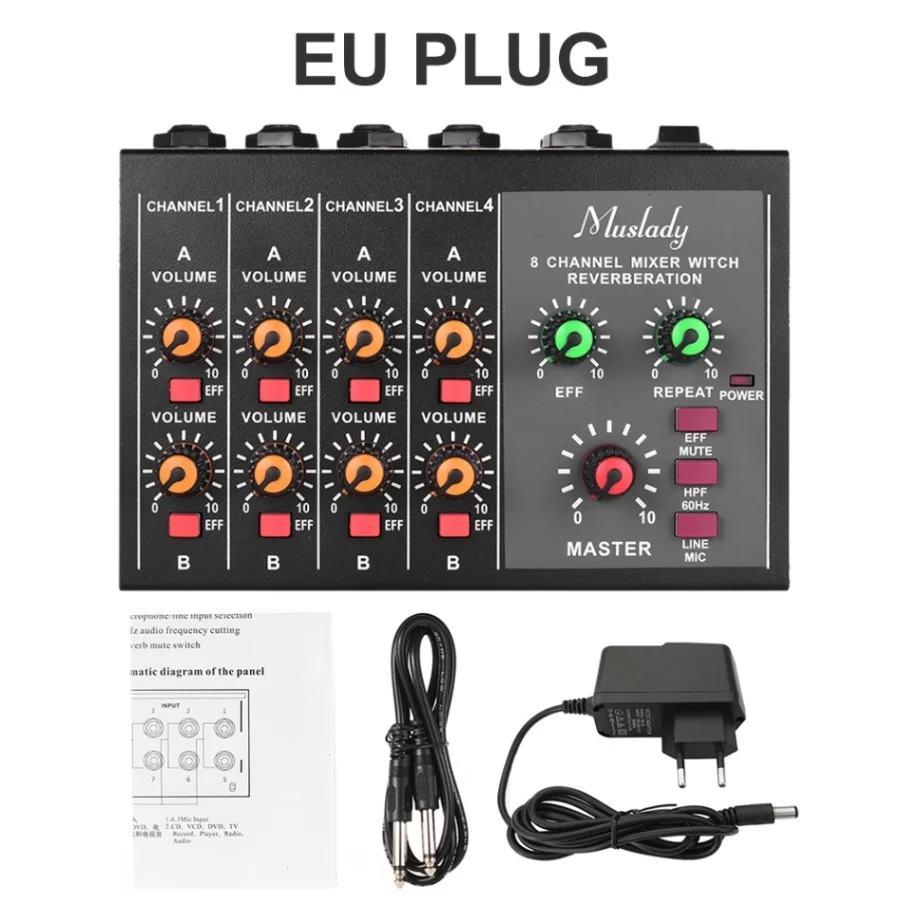 EU PLUG Muslady M-228A 8-канальный dj микшер подойдет как для повседневной носки, так/стерео аудио микшерный пульт с реверберация(Функция 60Гц Частотный резки - Цвет: EU PLUG