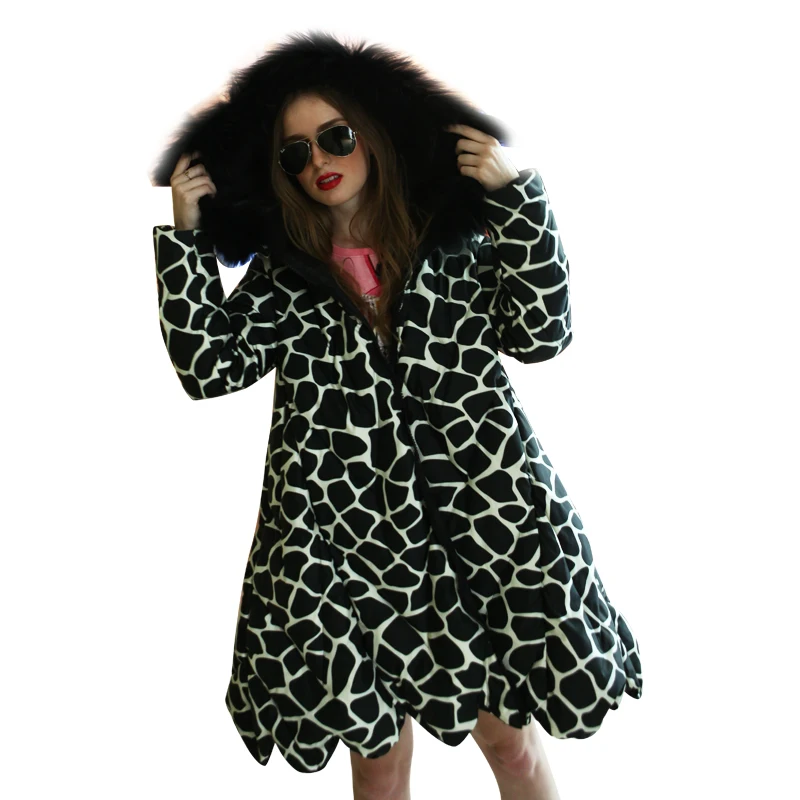 Women Winter down coat brand design down parkas women giraffe print fur collar lacecollar hem duck down long jackets coats