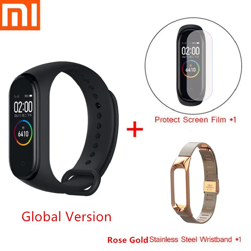 Global Rose Gold Set Новейший Xiaomi Mi-браслет 4 смарт-браслет 4 фитнес-браслет 0,9" цветной OLED сенсорный экран Bluetooth 5,0 5 атм - Цвет: Global Rose Gold Set