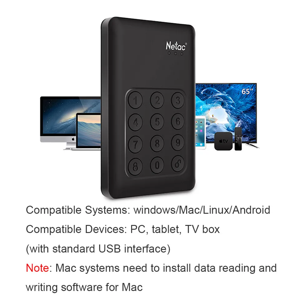 Netac Портативный внешний жесткий диск 500 Гб 1 ТБ 2 ТБ HDD USB 3,0 Кнопка Шифрование дисковый накопитель на жестком диске для PC/Mac/Tablet/настольный ПК
