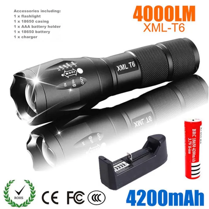 

LED Rechargeable Flashlight LM-T6 linterna torch 4000 lumens with 18650 Battery Outdoor Camping Powerful Zoomable portable light