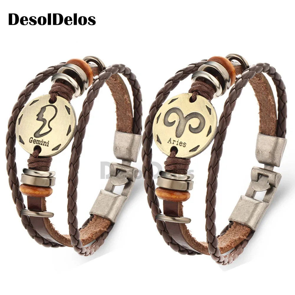 12 созвездий браслеты кожаный плетеный браслет-талисман цепочка манжета браслет
