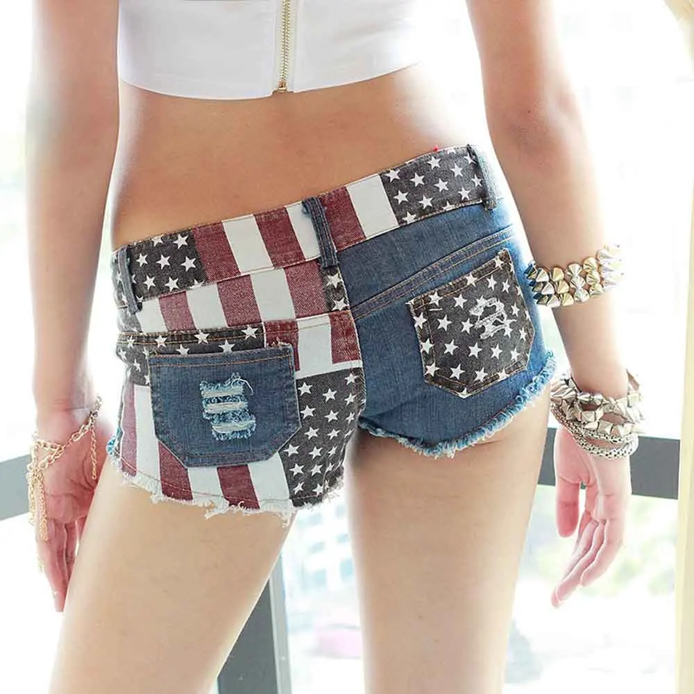 Женские пикантные шорты 388 штаны с американским флагом для девочек джинсовые