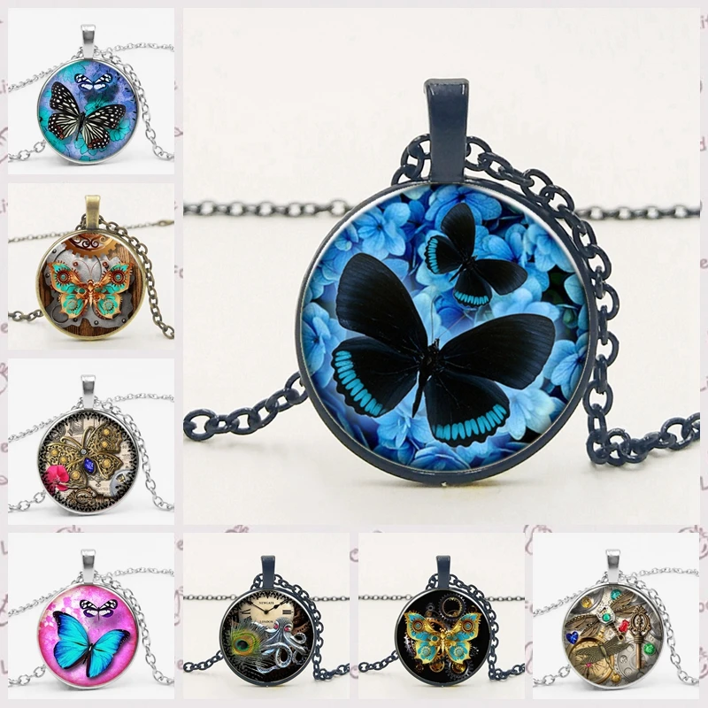 

3 Color Classic Round Alloy Time Glass Jewels Butterfly Pendant Necklace Women's Jewelry To Map Private Custom