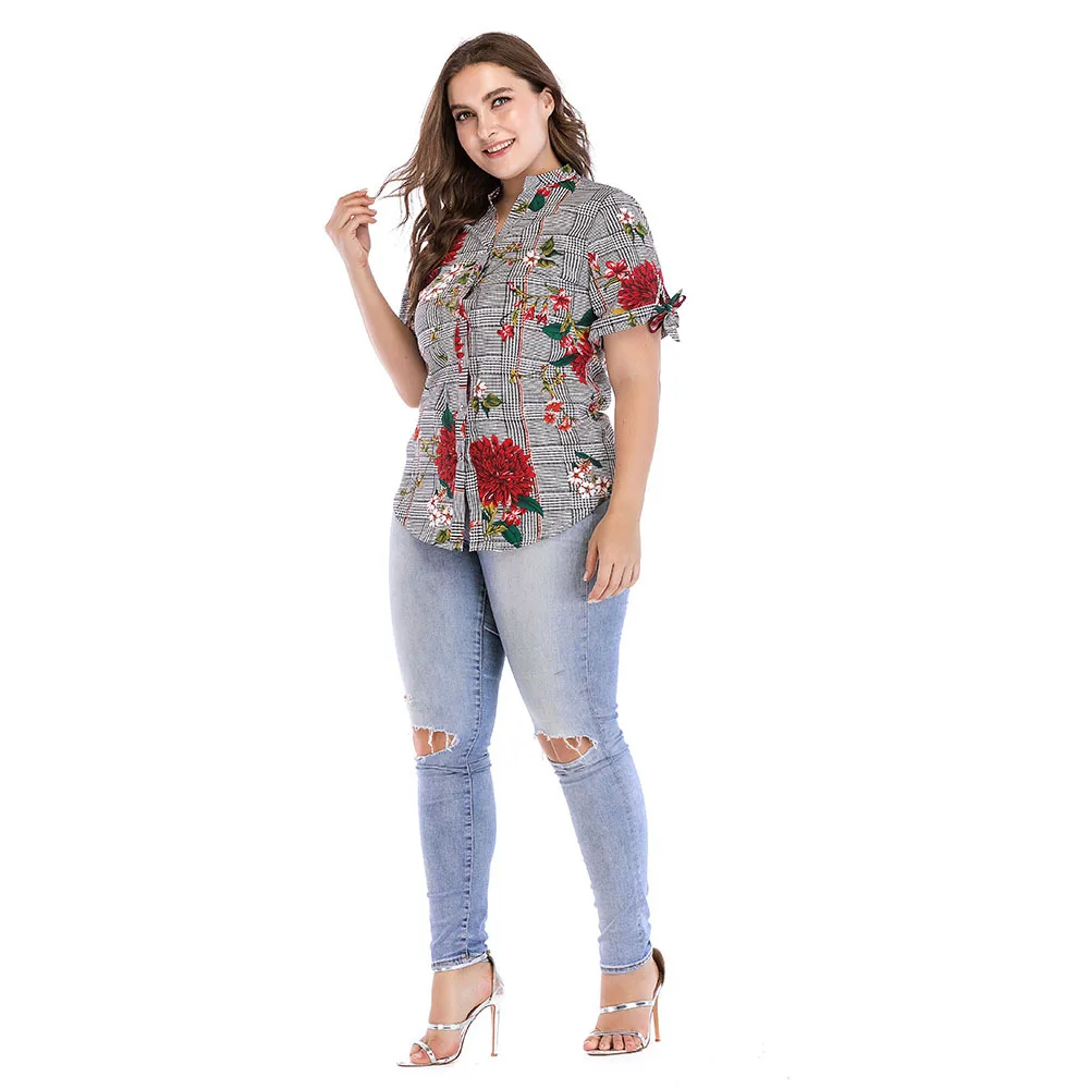 

TUHAO 7XL Plus Size Blouse Women Floral Print Slim Plaid Summer Shirts Short Sleeve V-neck Casual Outerwear Femme Blusas TB2054