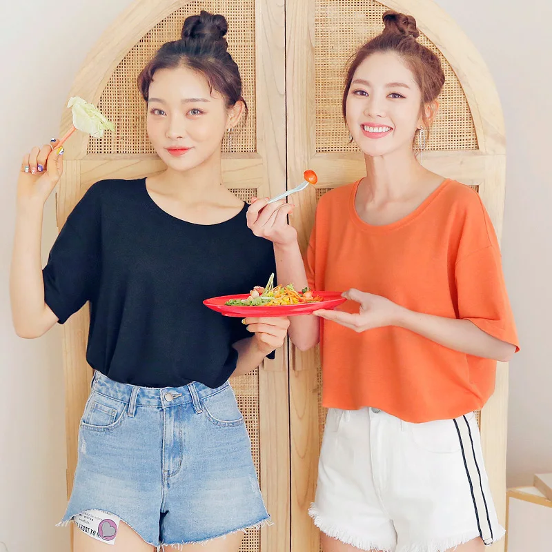 

Women's summer T-shirt Summer 2019 style loose V-neck coat pullover With short sleeves plus-size Pure color T-shirt