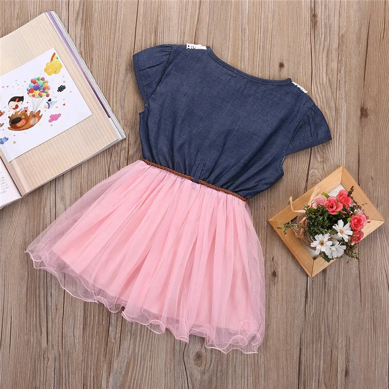 Модное детское кружевное джинсовое платье с цветочным кружевом для девочек