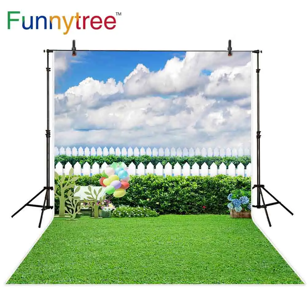 

Funnytree photography backdrops green spring sky fence natural scenery photo background photocall photophone vinyl photobooth