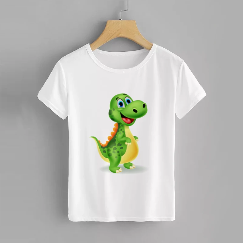 Dinosaur Print Children T-shirts Funny Boys Girls Summer Tops White Short Sleeve T Shirts Cartoon | Детская одежда и обувь