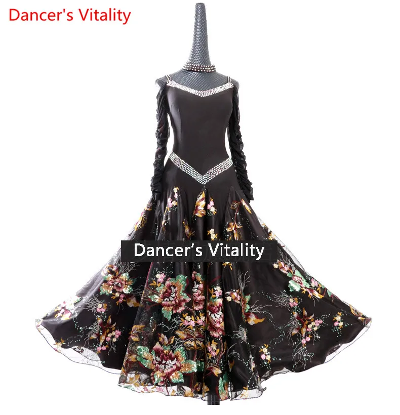 

2018 женское платье черного цвета на заказ, для выступлений, для соревнований, стандартные юбки с принтом для бальных танцев, платье для вальс...