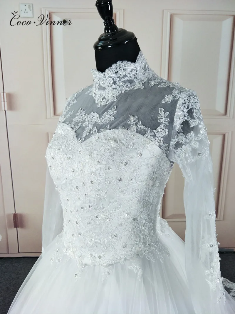 High Neck Vestido De Noiva IIIusion Back Long Sleeve Wedding Dress 2021 Custom made Lace Applique Ball Gown W0019 | Свадьбы и