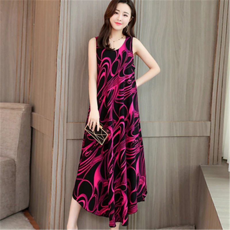 Платье женское длинное выше колена с круглым вырезом без рукавов|Женские платья|