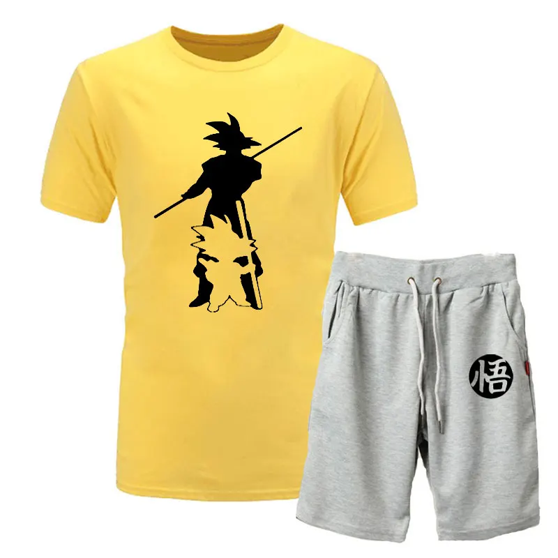 yellow light gray 2 Новинка года; летняя футболка с принтом «Жемчуг дракона Z Goku» из 2 предметов+ шорты; футболка с короткими рукавами и круглым вырезом Повседневная брендовая одежда Vegeta Harajuku - Цвет: yellow light gray 2