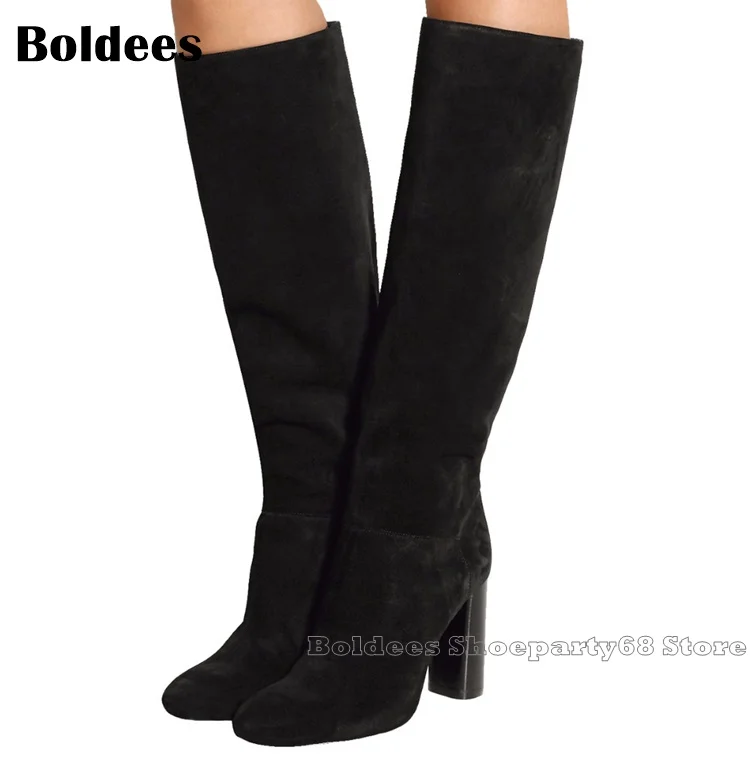 Fashion Suede Leather Large size 35-43 Women Winter Knee High Boots Block Heeled Riding Booty