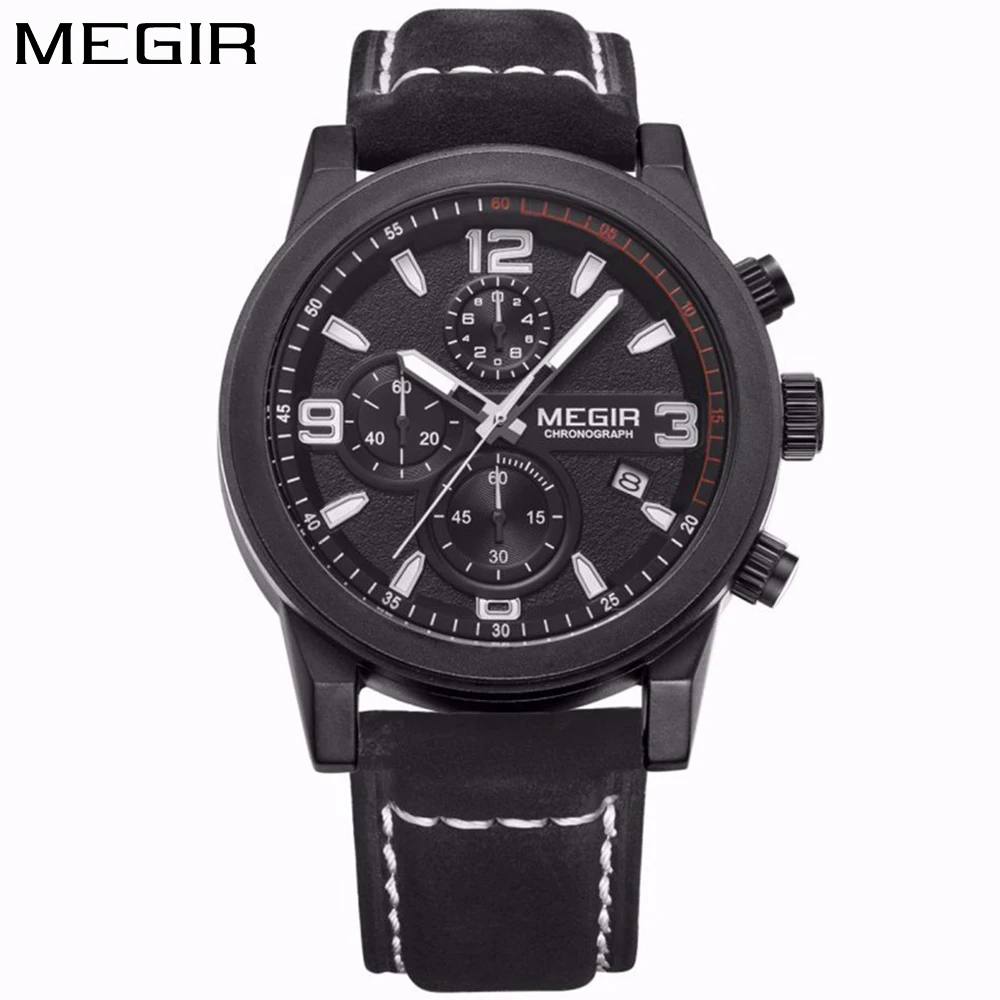 Megir мужские часы лучший бренд Роскошные черные хронограф световой Спорт из