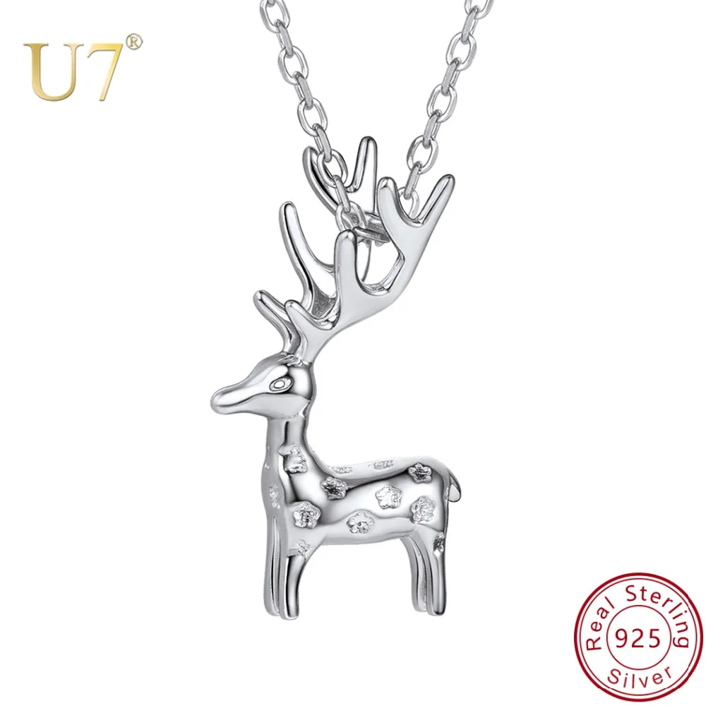 

U7 925 Sterling Silver Animal Elk Horned Deer Choker Antler Necklace & Pendant Christmas Gifts for Women Collier Femme New SC172