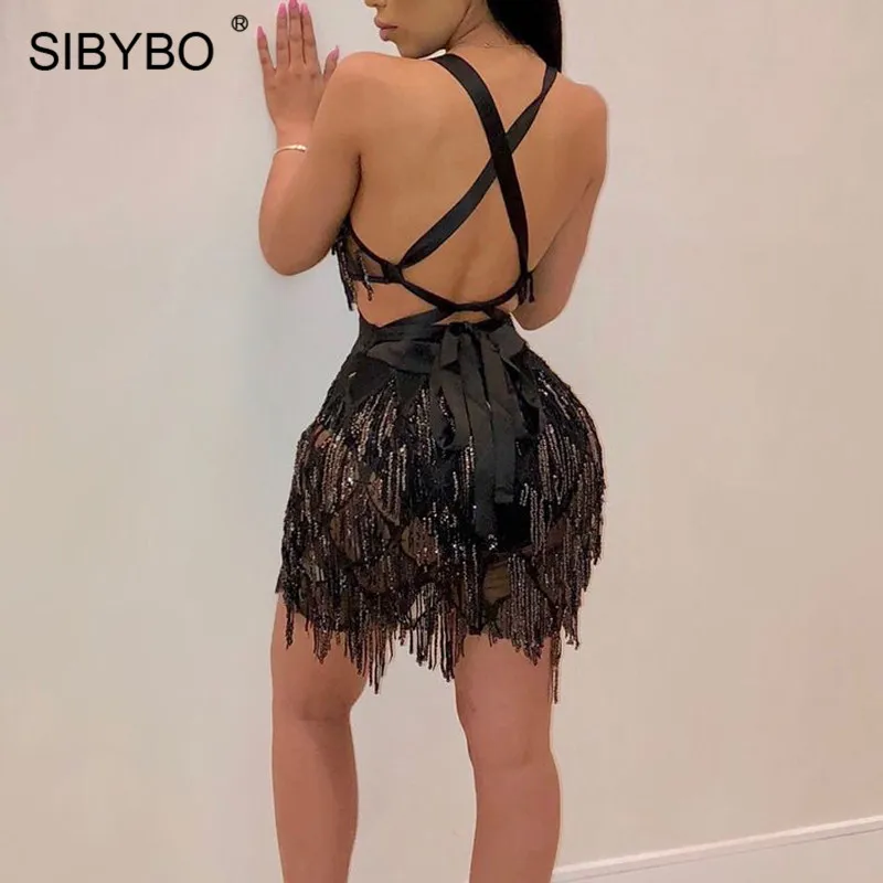 Sibybo прозрачное сексуальное женское платье с блестками и сеткой с глубоким v-образным вырезом на спине летнее Бандажное платье мини Вечерние платья для ночного клуба