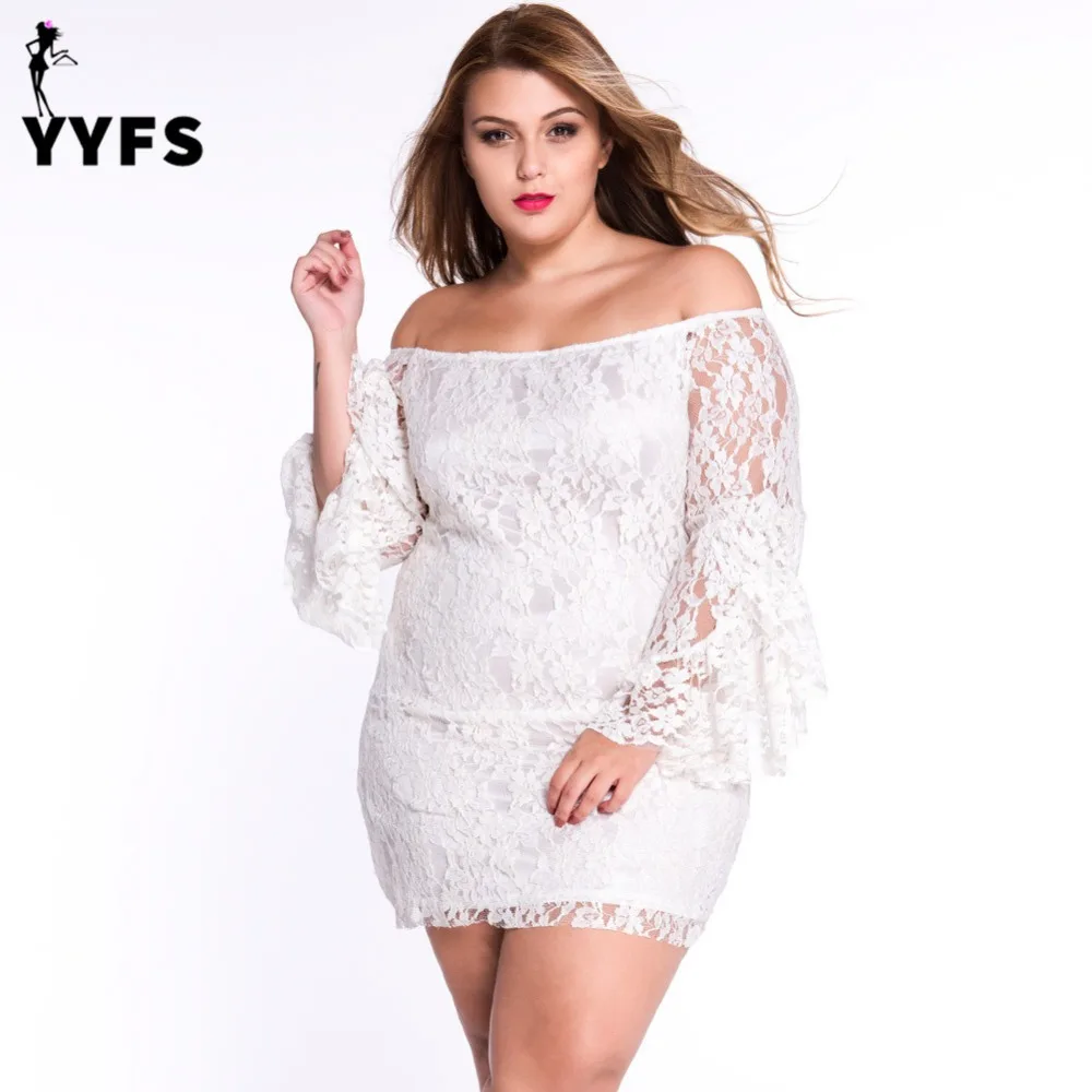 Большие размеры Женская Кружева Bodycon платье пикантные с плеча Slash шеи длинным