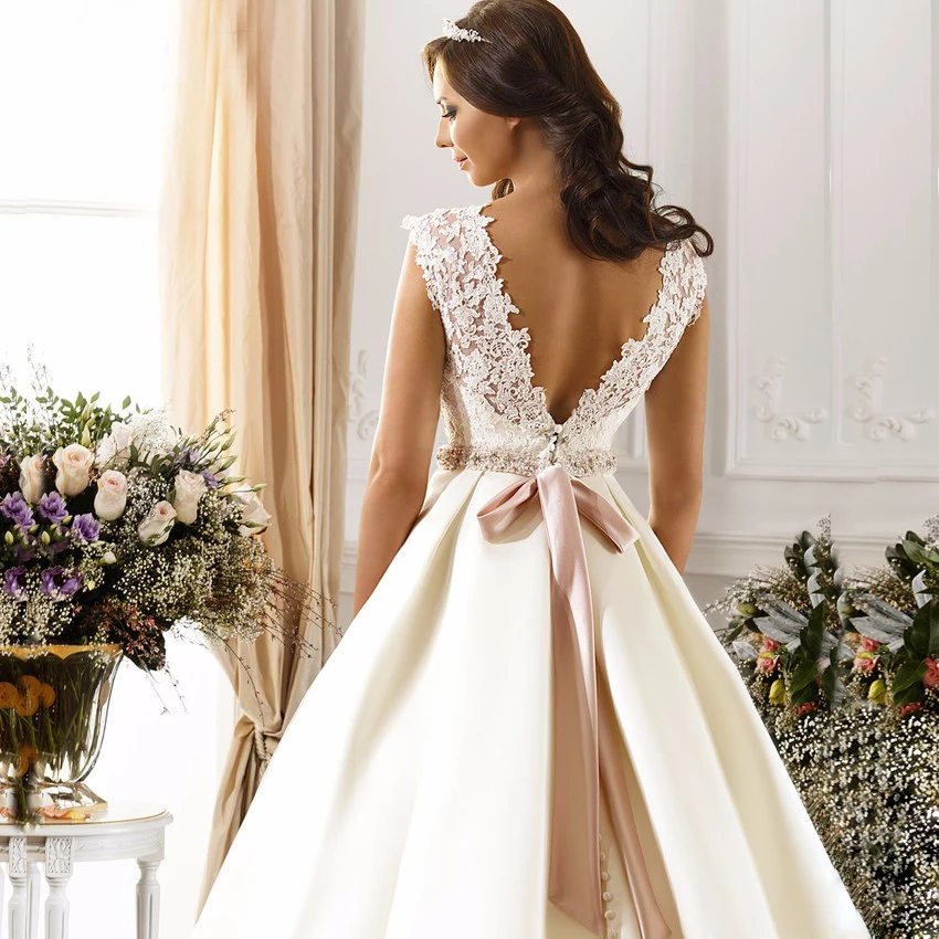 

Romantic Scoop Cap Sleeves A-line Wedding Dress with Belt Robe de Mariee White/Ivory Satin Low Back Bridal Gown Customized