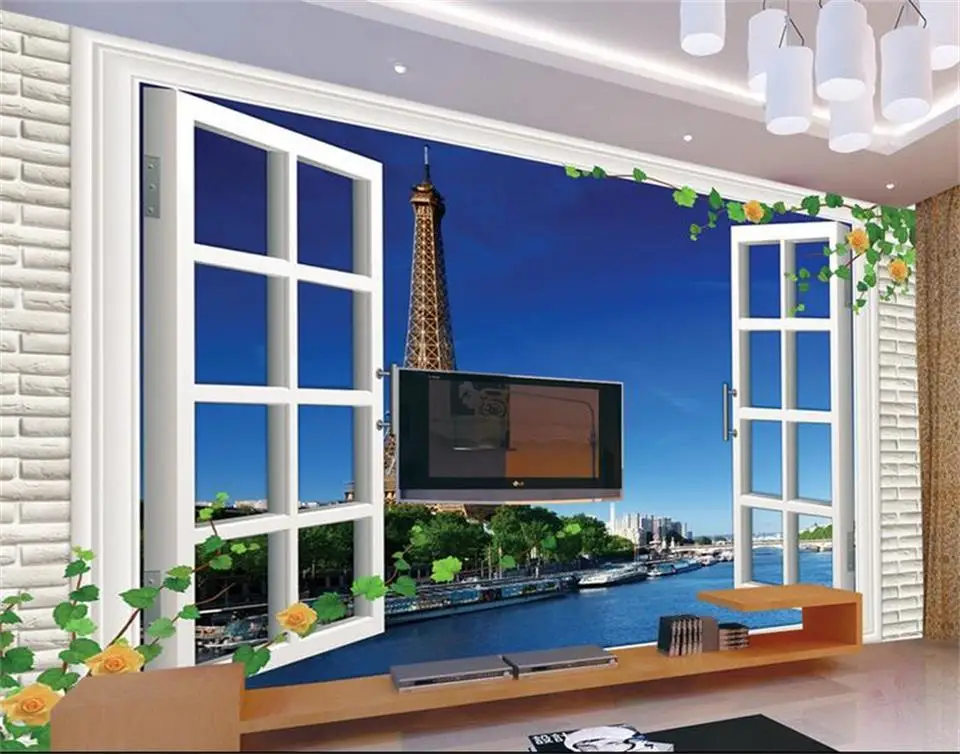 

3D-обои на заказ, фотообои для гостиной с изображением окон, Эйфелевой башни, дивана, телевизора, фоновые обои для стен