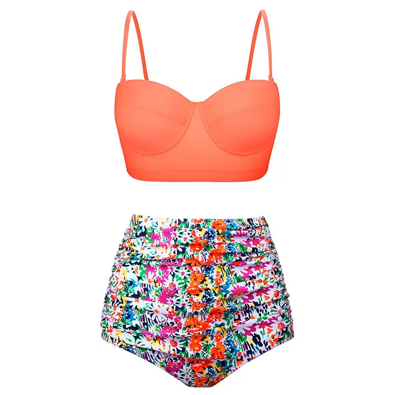 Women Swimwear Vintage Two Piece Swimsuits Bathing Suits with Underwired Top Summer High Waisted Bikini | Женская одежда