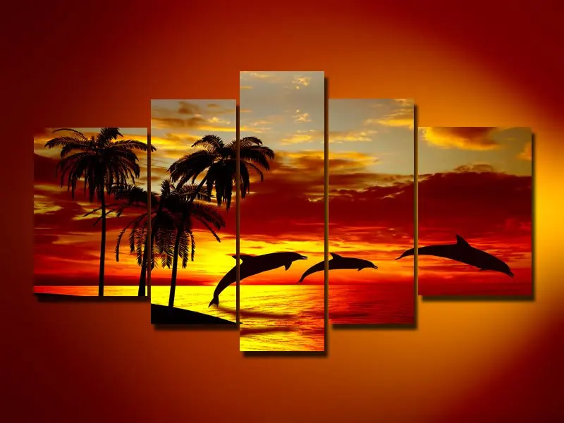 

hand-painted oil wall art DECOR PICTUR Sunrise beach dolphins ROOM DECOR ART PAINTING Landscape oil painting on canvas 5pcs/set