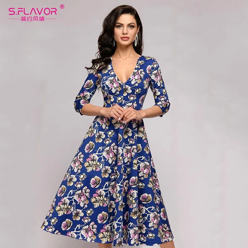 S.FLAVOR Women A line Style 3/4 Sleeve Slim Casual Dress Autumn Mid Calf Vintage Vestidos De Festa Elegant V Neck Sexy Dresses|Женские