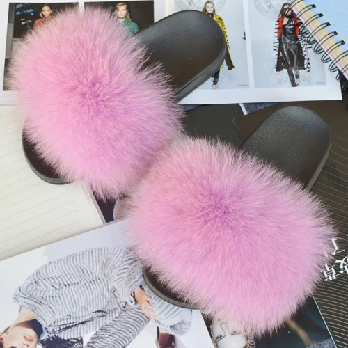 purple pink Женские тапочки из натурального Лисьего меха; милые летние пушистые туфли с натуральным лисьим мехом; Роскошные брендовые сандалии на плоской подошве с натуральным лисьим мехом - Цвет: purple pink