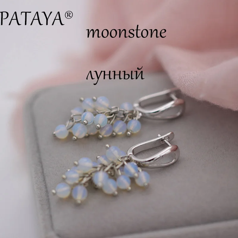 PATAYA, Новое поступление, дизайн, круглый маленький лунный камень, натуральный камень, висячие серьги для женщин, Настоящее Белое золото, уникальные ювелирные изделия