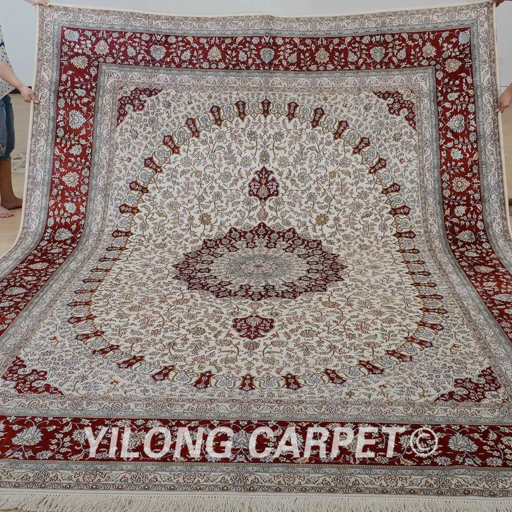 Goedkoop Yilong 9'x12 'Vantage Perzische Zijden Kleed Grote Beige Medaillon Antiek Iran Zijden Tapijt (0909)