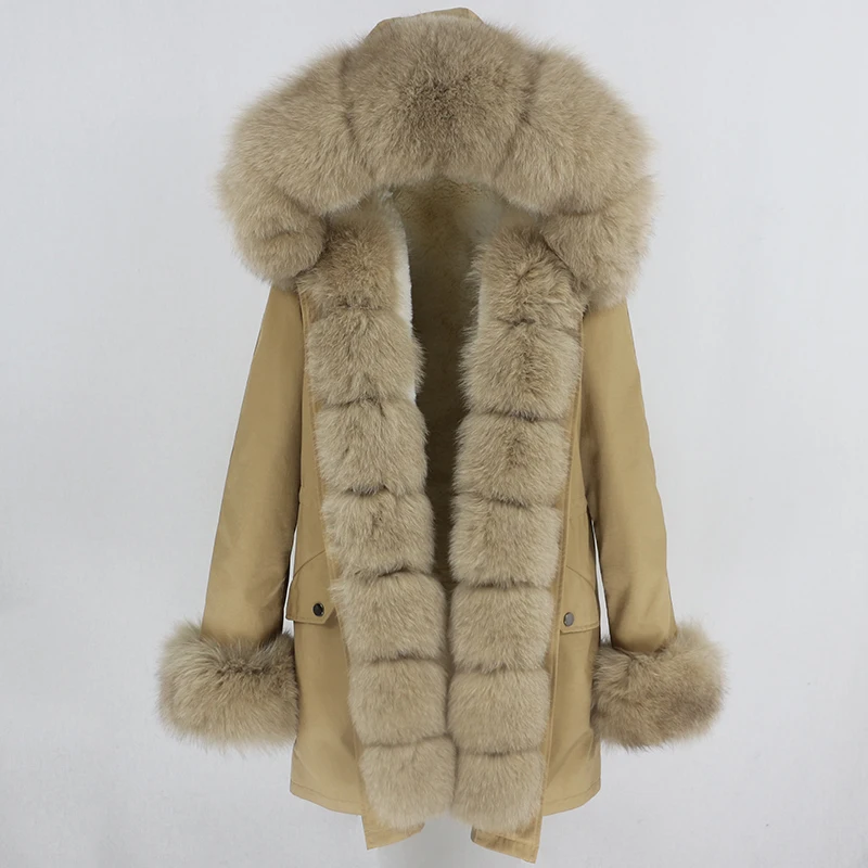 brown dark beige Водонепроницаемая Женская парка, зимняя куртка, Женское пальто из натурального меха, Воротник из натурального Лисьего меха, капюшон, Толстая теплая Съемная уличная одежда, роскошная Новинка - Цвет: brown dark beige
