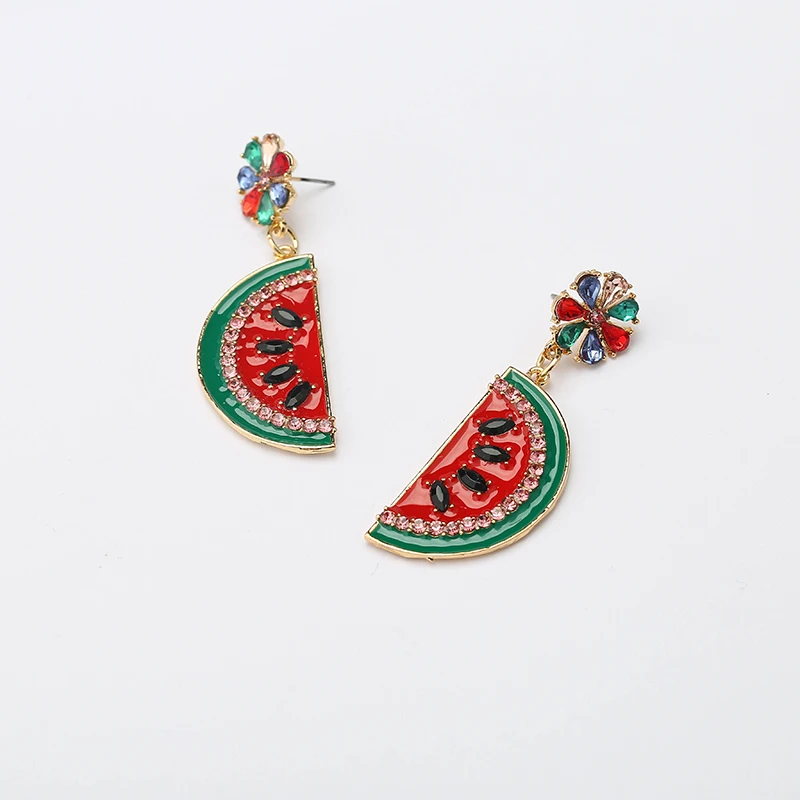 Yhpup Trendy Creative Fruit Watermelon Dangle Earrings Sweet Personality Rhinestone Earrings for Female Summer Jewelry Hot Sale