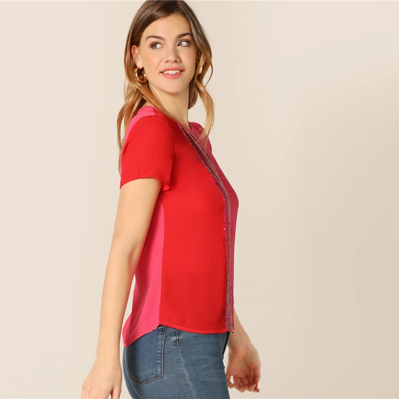 SHEIN модный топ с блестками и контрастной вставкой, Женские топы и блузки,, повседневные летние блузки с коротким рукавом и цветными блоками
