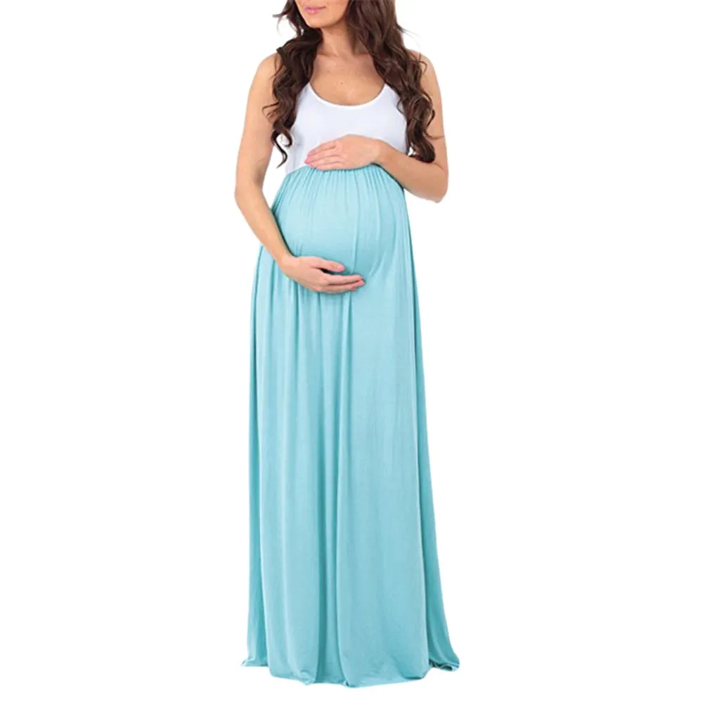 ISHOWTIENDA Women's Sleeveless Ruched Color Block Maxi Maternity Pregnancy Splicing Dress Vestidos Para Embarazadas Gravidas | Мать и