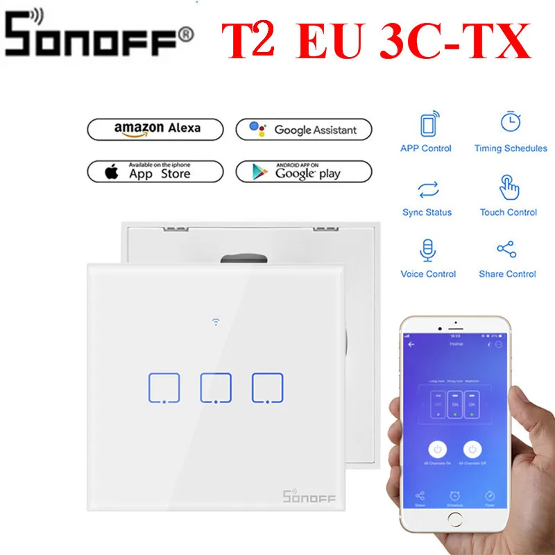 SONOFF T2US EU UK TX Smart Wifi сенсорный настенный выключатель света с рамкой умный дом 1~ 3 банды 433 RF/Voice/APP Управление работает с Alexa