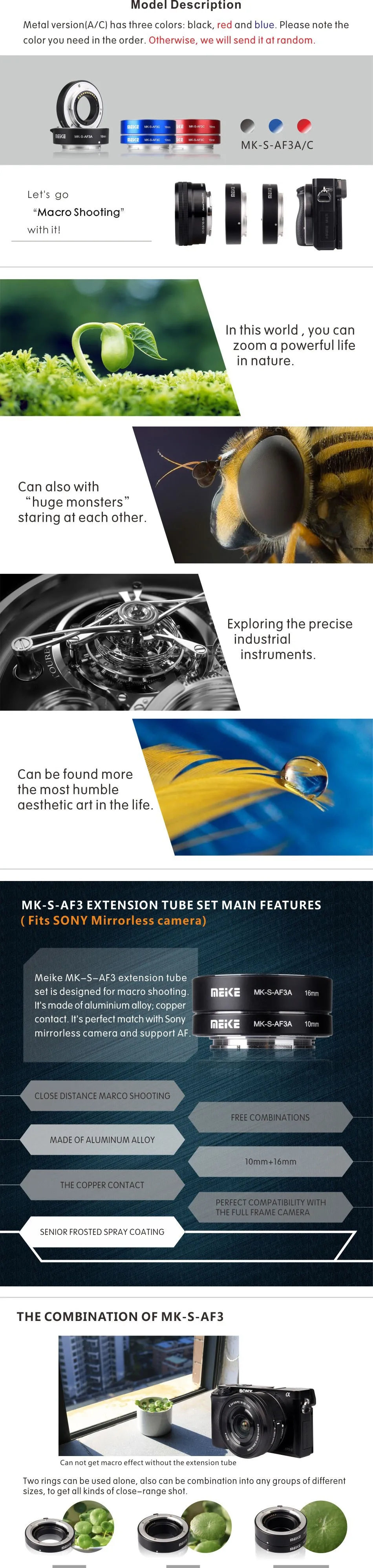 Meike Удлинительное макрокольцо для автоматического 10 мм 16 мм для sony E-Mount DSLR камер FE-крепление A7SII A7R NEX-F3 NEX-6 NEX-7 NEX-5T A6300 A6500 Камера