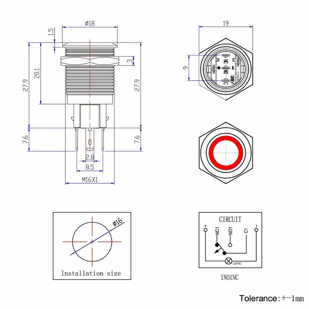 16 мм Круглый Мгновенный кнопочный переключатель светодиодный Hola 5A 1NO1NC SPDT