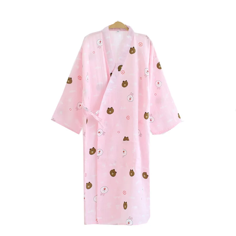 

Summer Thin Section Ladies Cotton Gauze Nightgown Japanese Kimono Yukata Cute Cardigan Long Nightdress Sleepwear Bathrobe Home