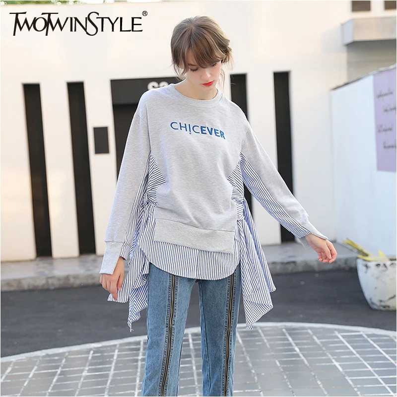 TWOTWINSTYLE Толстовка с вышивкой для женщин Полосатый лоскутный пуловер свободные