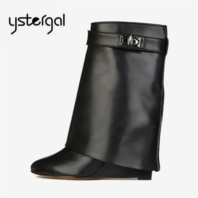 

Ystergal Shark Lock Black Women Wedge Boots Height Increasing Fold Over Ladies High Boot Female Riding Boots Wedge Shoes Woman