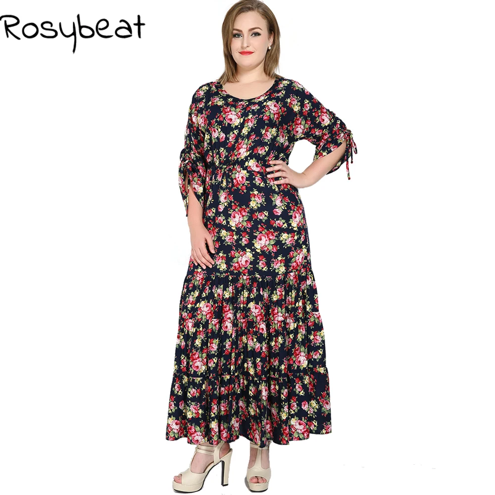 Rosybeat цветочный принт платья для женщин с длинным рукавом Макси длинное платье 4xl